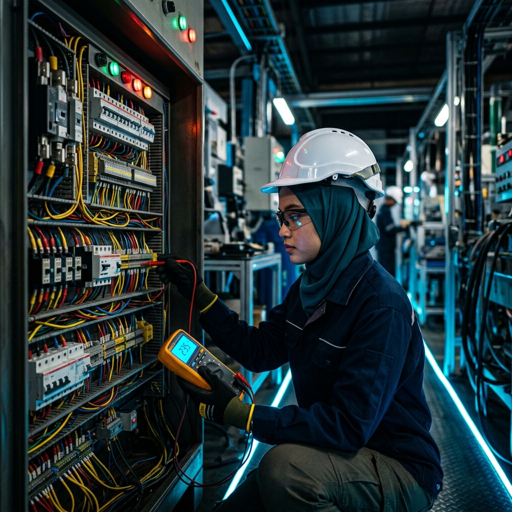 Student inspecting electrical panel
